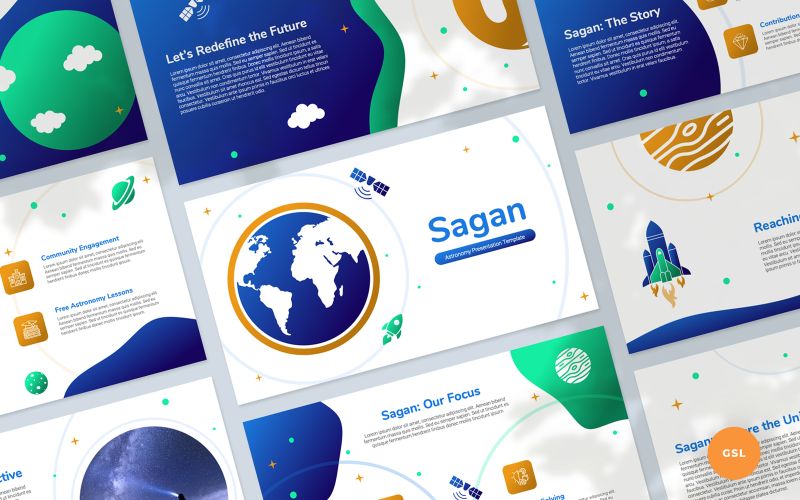 Sagan — prezentacja astronomiczna Szablon prezentacji Google Slides