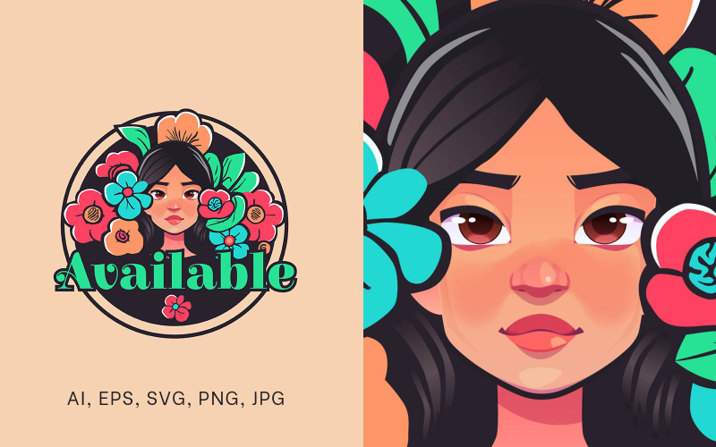 Plantilla de logotipo de belleza femenina: rostro de mujer joven con acentos florales