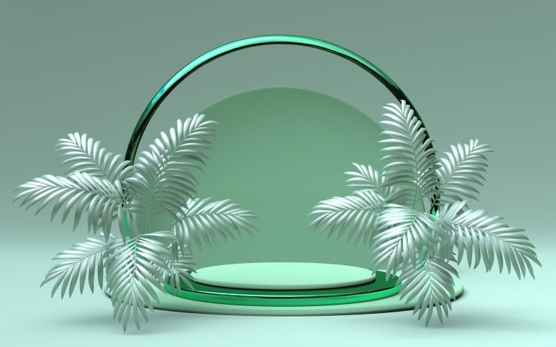 Cena geométrica mínima 3D com pódio redondo e palmeira de verão abstrata tropical verde