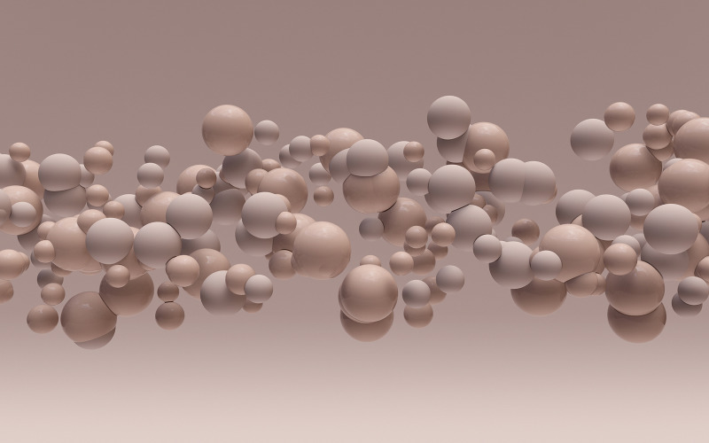 3D render bézs háttér repülő buborékok. Absztrakt design gömbökkel.