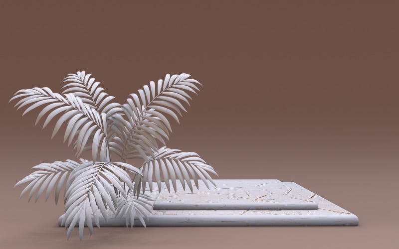 3D wit vierkant podium met palm. Promotie voetstuk voor cosmetica, schoonheidsproducten.