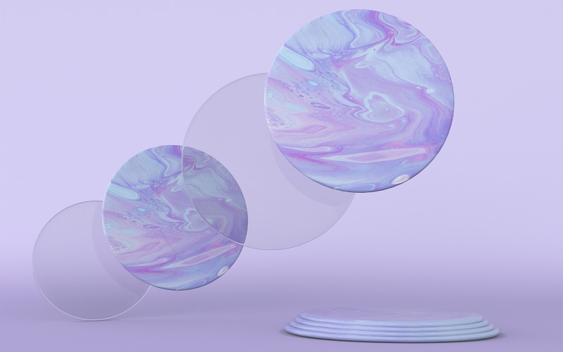 Formas geométricas mínimas en 3D sobre fondo violeta pastel