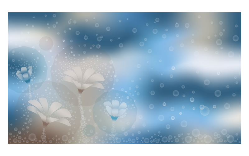 蓝色抽象背景图像 14400x8100px 与鲜花和泡沫