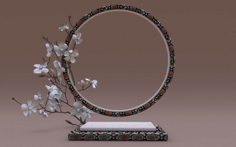 Yılan derisi veya sürüngen desenli 3D bej kare podyum. Kahverengi ürün tanıtım ayağı.