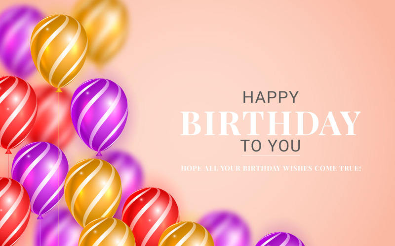 Grattis på födelsedagen önskar design med ballong, typografibrev och fallande konfetti på ljus bakgrund