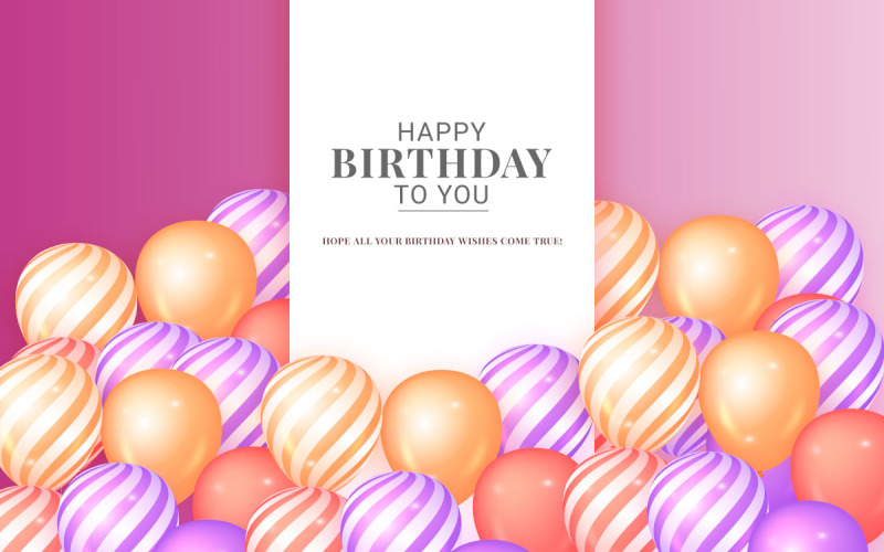 Publicación de feliz cumpleaños con globo, letra tipográfica y confeti cayendo sobre fondo claro