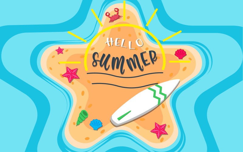 Une île en forme d'étoile de mer - Hello Summer - Beach Summer Background Illustration.