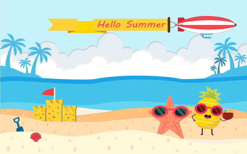 Boldog nyári idő a tengerparti tengerparti vektoros illusztráció háttér, háttérkép vagy bannerek