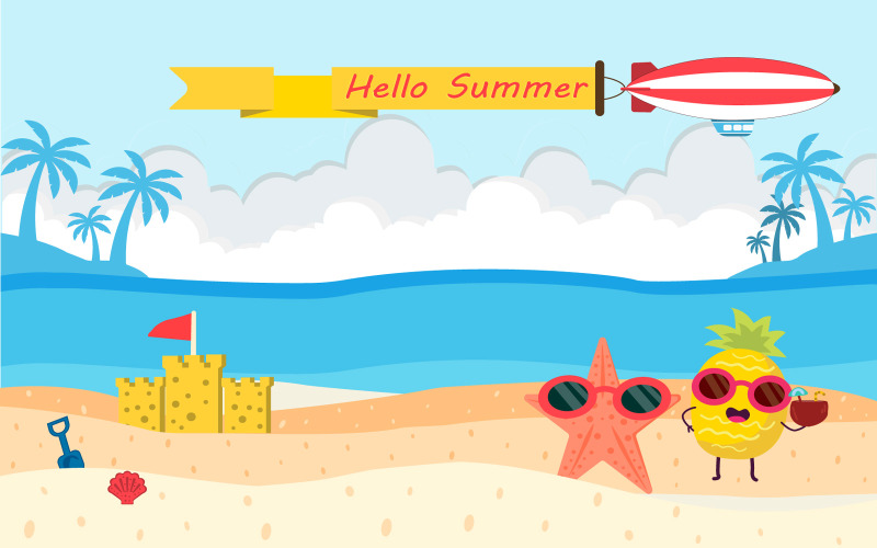 Happy Summer Time in Beach Seaside Vector Illustration for Background, Wallpaper or Banners