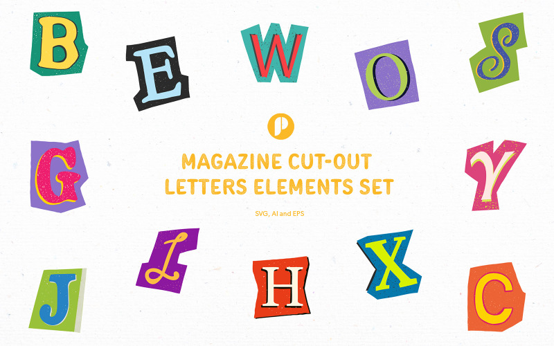Conjunto de elementos de letras recortadas de revistas coloridas