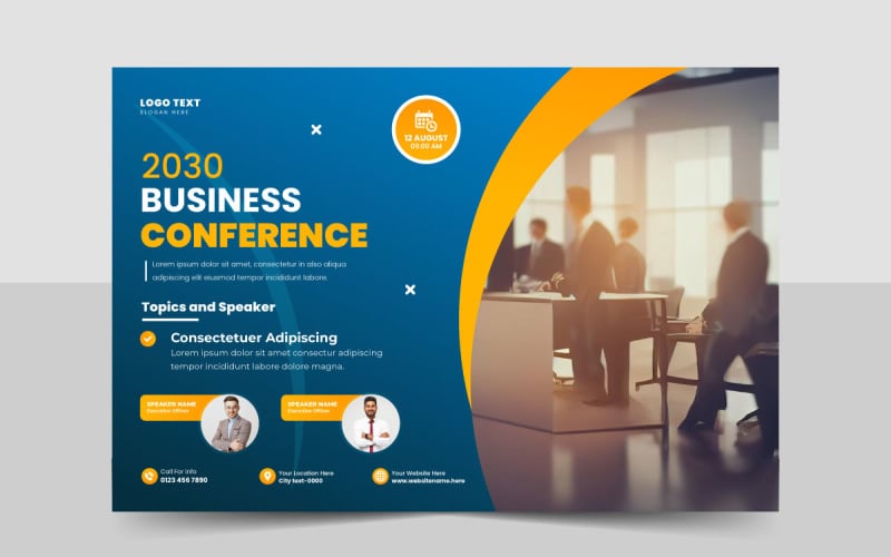 Modelo de panfleto de webinar de conferência de tecnologia criativa ou layout de convite de banner de evento de negócios