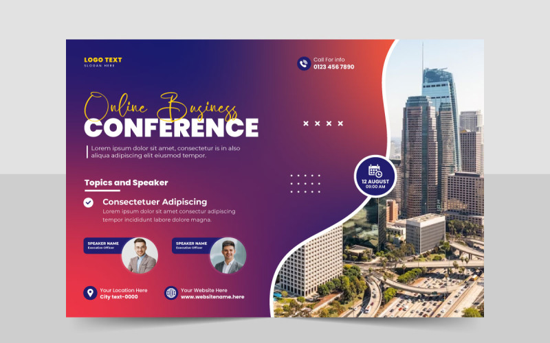 Technológiai üzleti konferencia szórólap sablon vagy üzleti webinárium esemény közösségi média banner elrendezése