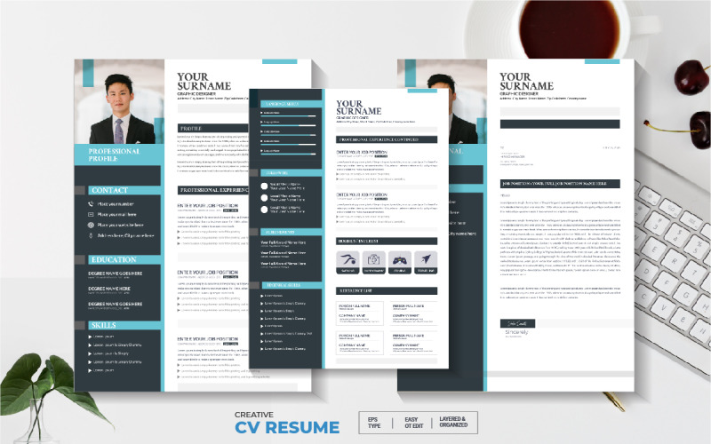 Concepto de currículum vitae editable creativo o plantilla de CV con carta de presentación