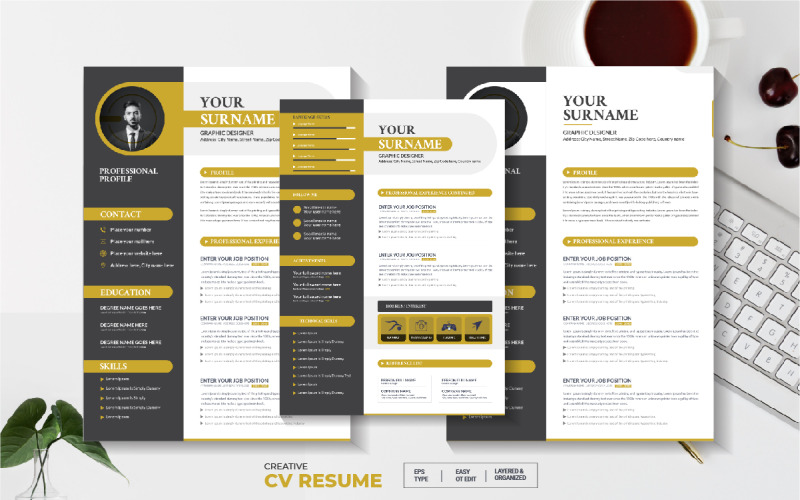 Kreativní třístránkový životopis nebo šablona CV s průvodním dopisem
