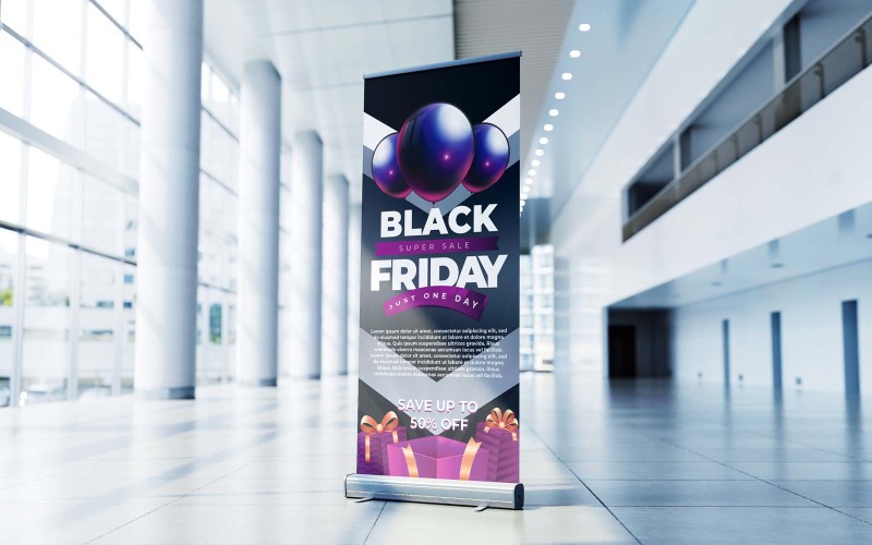 黑色星期五超级销售黑色和紫色公司易拉宝横幅、X 横幅、Standee、Pull Up 设计