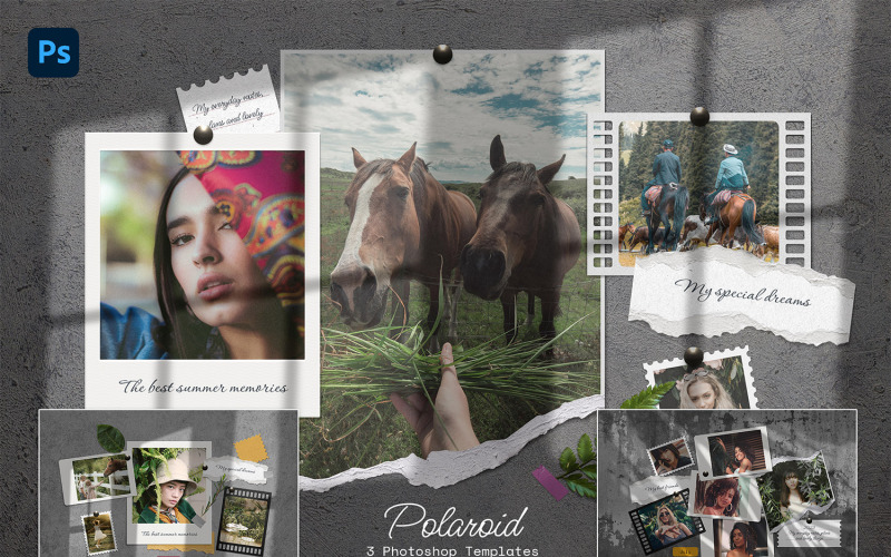 Polaroid-Fotovorlagen mit zerrissenen Fotos