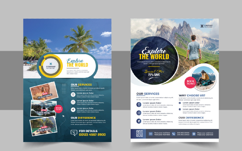 Conception de flyer de vacances de voyage ou modèle de page de couverture de brochure pour agence de voyage