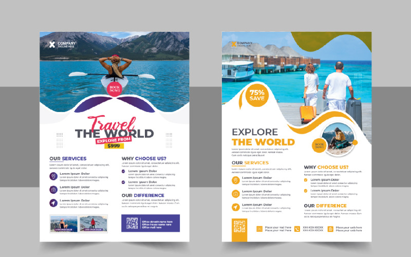 Creatief reizen flyer ontwerp en brochure voorbladsjabloon