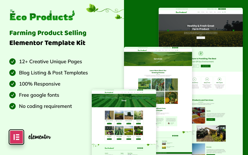 Productos ecológicos: kit de plantilla Elementor de venta de productos agrícolas