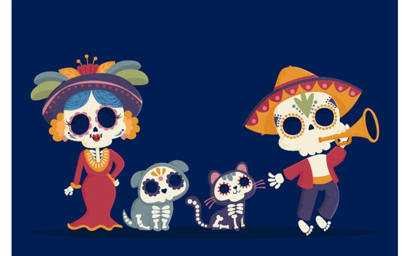 Dia de Muertos Karakter Öğeleri Çizimi