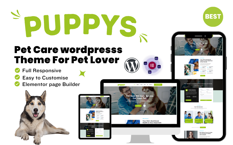 Полнофункциональная адаптивная тема для Wordpress для собак и домашних животных Puppys Pet Care