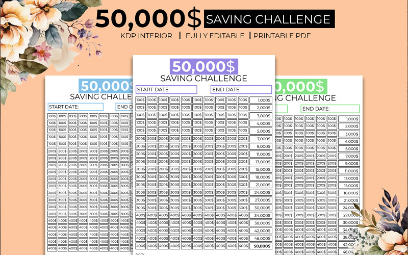 50K Saving Challenge Journal Planner Kdp Interieur in 3 kleuren