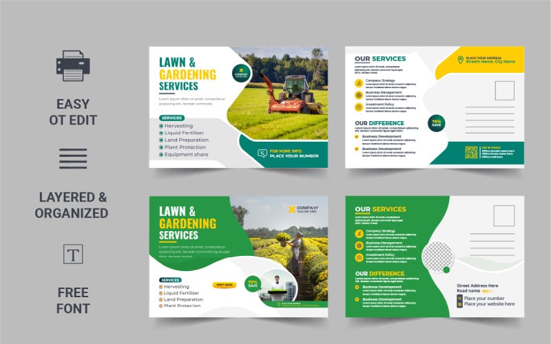 Layout di progettazione della cartolina del servizio di abbellimento del giardino o del tosaerba
