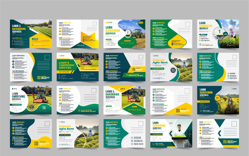 Modèle de conception de carte postale de service de jardin ou d'aménagement paysager de tondeuse à gazon Bundle de mise en page