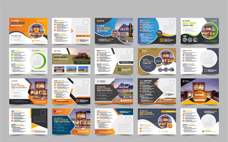 Modèle de carte postale immobilière créative, ensemble de mise en page de carte postale eddm immobilier ou vente de maison