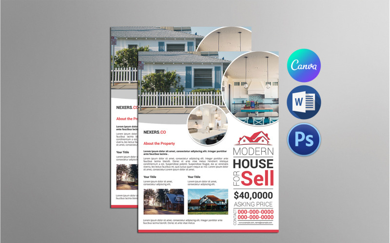 Modèle de flyer immobilier. Canva, Word et Psd