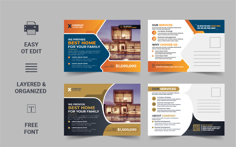 Modello di cartolina immobiliare, layout di progettazione di cartoline ...