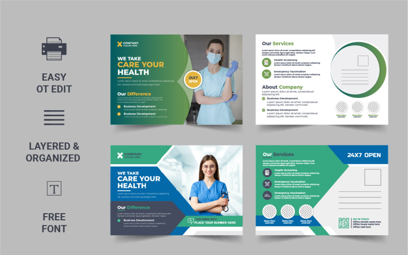 Postal médica creativa o diseño de postal eddm de atención médica.