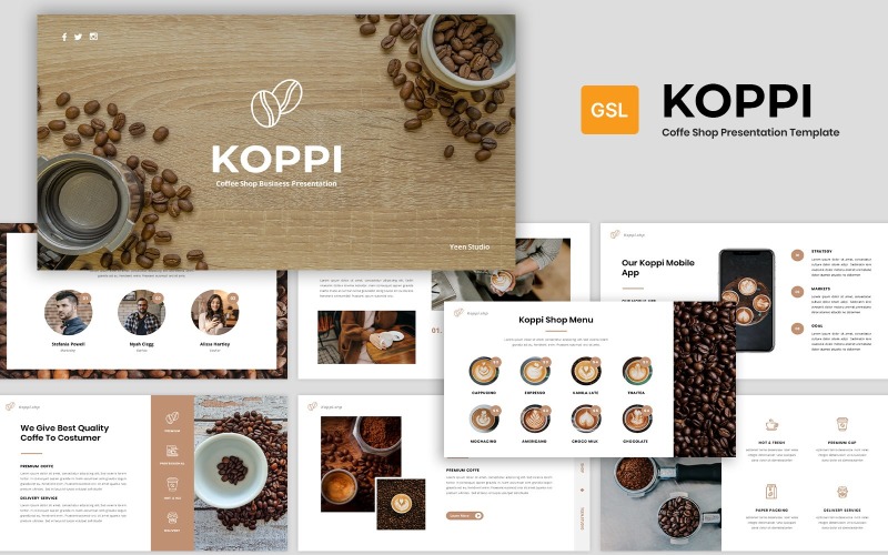 Koppi - Google Slides-sjabloon voor de presentatie van een coffeeshop