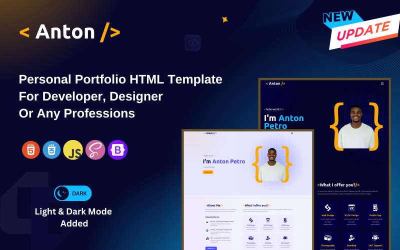 Anton - Modelo HTML de portfólio versátil para desenvolvedores, designers e profissionais criativos