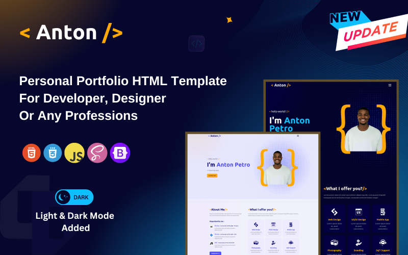Anton - Plantilla HTML de portafolio versátil para desarrolladores, diseñadores y profesionales creativos