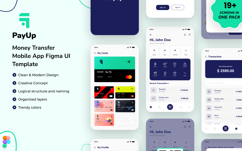 PayUp – Money Transfer Mobile App Figma UI sablon