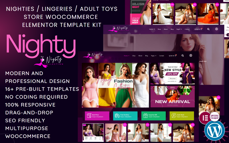 Nighty – Moda Lingerie & Bikini Store Kit de modelo Elementor