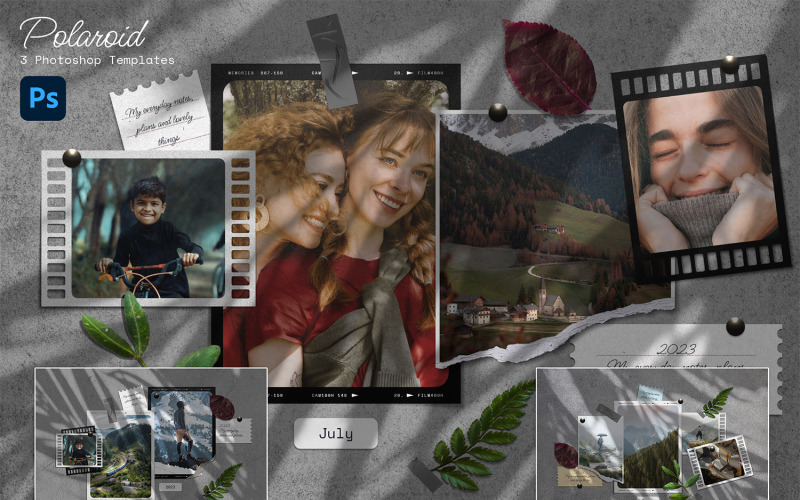Polaroid fotomallar med naturliga skuggor på grå vägg