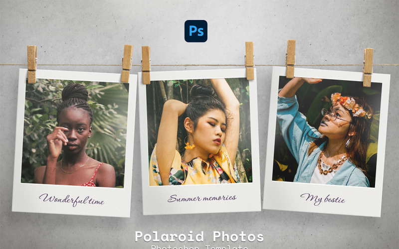 Polaroidfotos auf Wäscheklammern