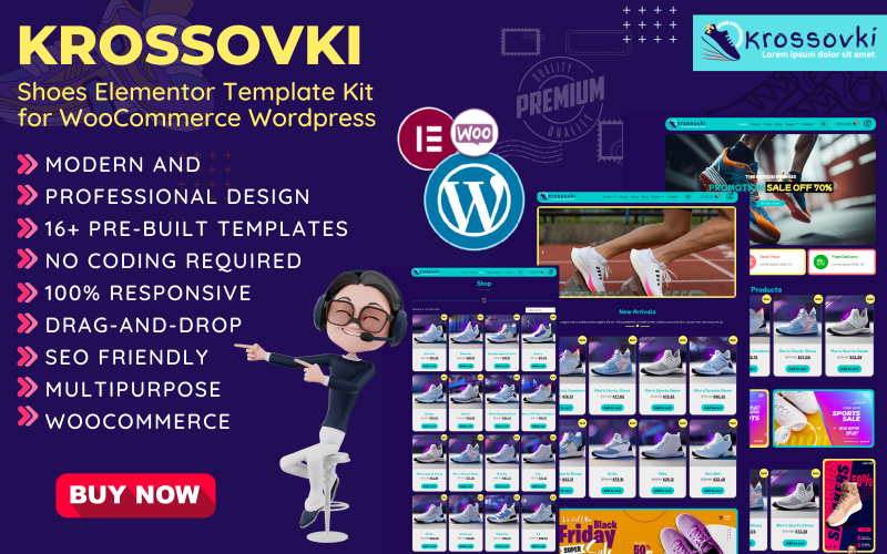 Krossovki - Kit de plantillas de Woocommerce Elementor para zapatillas de correr, tienda de deportes