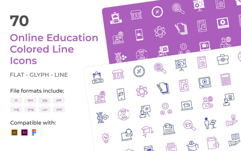 Online Education and Learning Colored Line Icons
