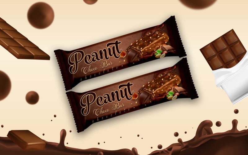 Design criativo e moderno de maquete de embalagem de chocolate em barra de amendoim - maquete de produto