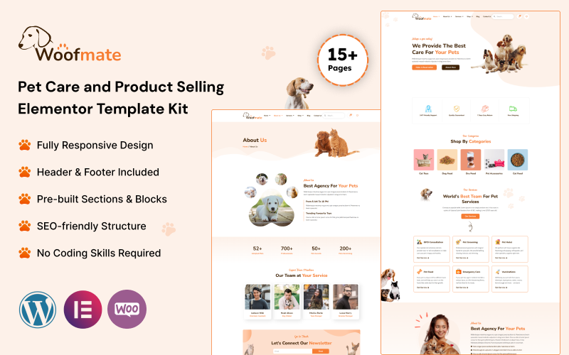 WoofMate - Kit de modelo Elementor para cuidados com animais de estimação e venda de produtos