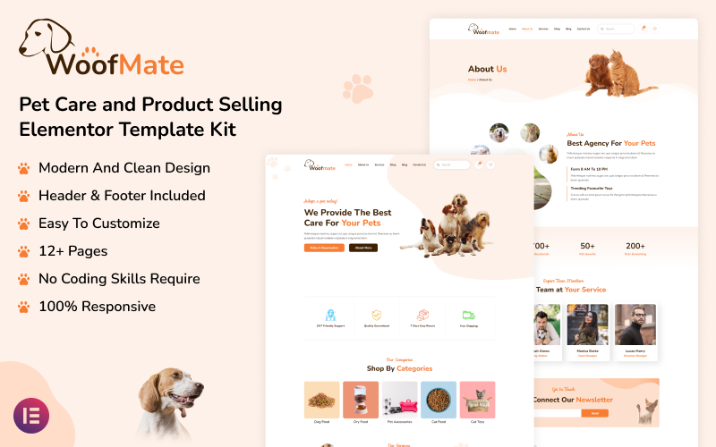 WoofMate - набор шаблонов Elementor для ухода за домашними животными и продажи товаров