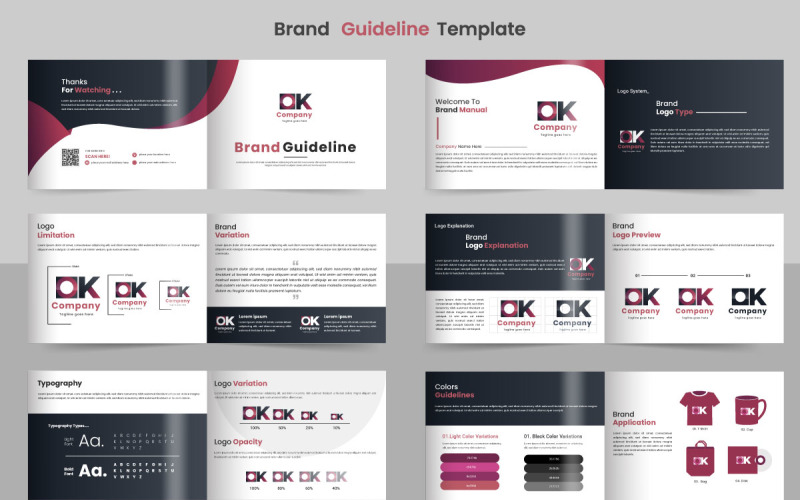 Sjabloon voor merkrichtlijnen. Presentatie van merkidentiteit. Logogids. Logo type idee concept