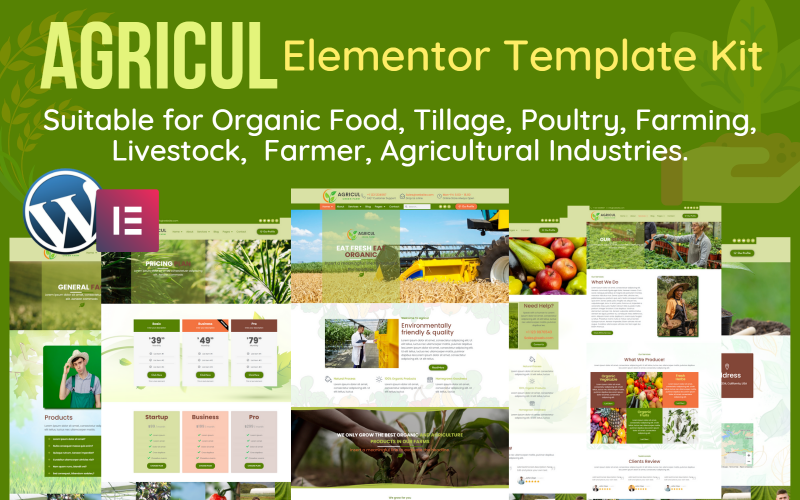 Agricul - Fattoria biologica moderna, kit di modelli Elementor WordPress per l'agricoltura.