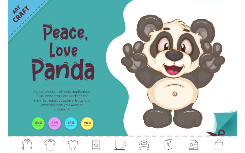 Panda dos desenhos animados Paz, amor. Clipe.