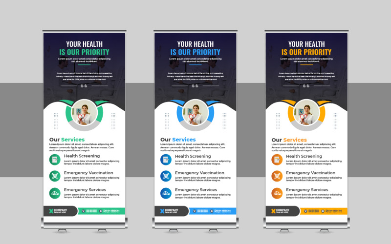 Moderne medische samenvoeging of gezondheidszorg roll-up banner sjabloonontwerp lay-out