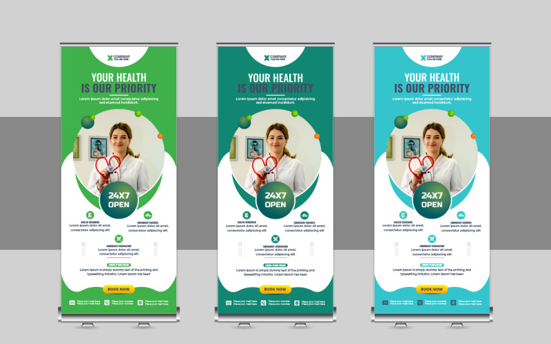 Moderne medische samenvoeging of gezondheidszorg roll-up banner sjabloonontwerp