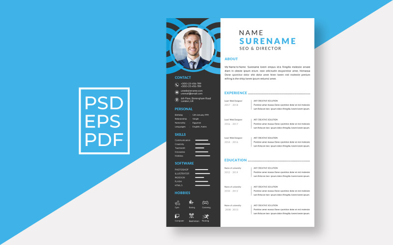 Templates Black and Blue Resume Psd
